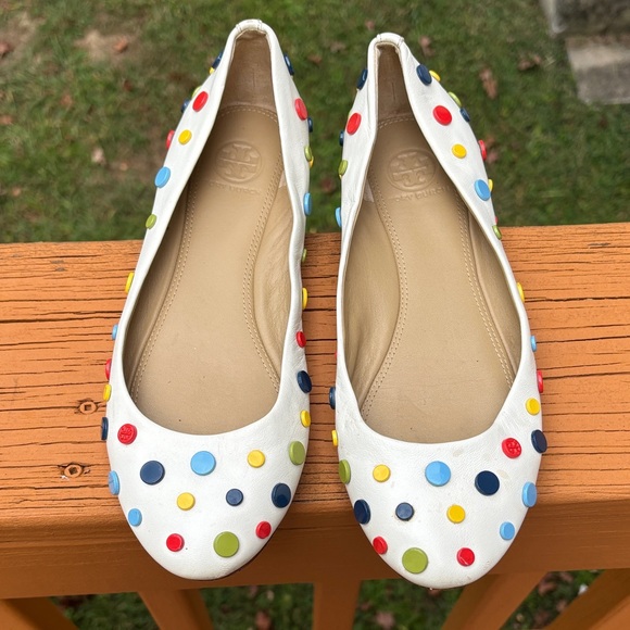 Tory Burch Ballet White Flats with Multi Color Dots - Picture 1 of 16
